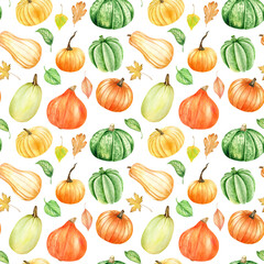 Watercolor autumn pumpkins  seamless pattern. Hand drawn fall harvest, vegetables ornament, white background