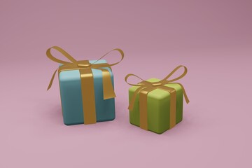 3d color gift boxes set with gold ribbon bow  on a blue background. Christmas, birthday. Pastel colors. 3d render illustration.