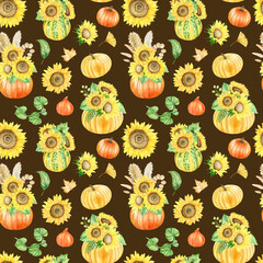 Watercolor autumn pumpkins and sunflowers seamless pattern. Hand drawn fall harvest ornament, brown background
