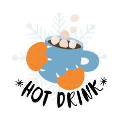 Cute red cat's paws  holding a mug with hot cocoa and marshmallows and lettering Hot drink