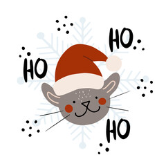Childish cute cat with Santa's hat and lettering ho ho ho doodle vector card