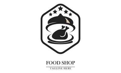 chicken meat and food cover in hexagon outline logo icon