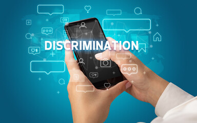 Hand using smartphone with social media concept