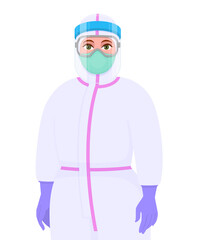 Female doctor in PPE suit wearing medical mask, face shield and eyeglasses. Safety clothing for prevent corona virus. Surgeon wearing Personal Protective Equipment. Work safety. Covid-19 pandemic.