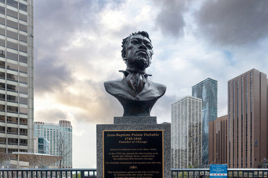 Chicago, Illinois, USA. Jean Du Sable bust statue first citizen of Chicago, Haitian explorer.