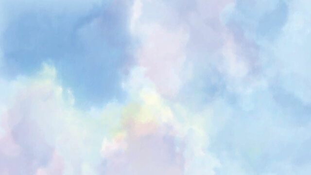 Colorful panoramic landscape: blue sky and fluffy clouds. Plane backplate, 3D rendering computer digitally generated illustration.