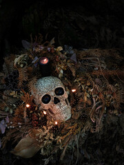 human skull, candles, dry autumn leaves on abstract dark background. magic esoteric ritual....