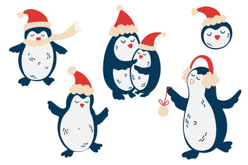 Cute penguins in Christmas hats. Isolated vector set of penguin animal polar in red scarf and hat. Children's New Year's illustration for invitations, greeting cards, wallpaper, gift paper.