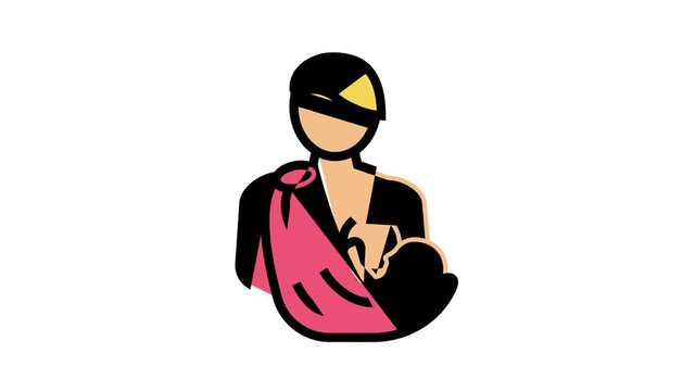 Breastfeeding Baby color icon animation. Newborn Child Feeding And Breastfeeding By Hour, Breast Pump And Silicone Pad