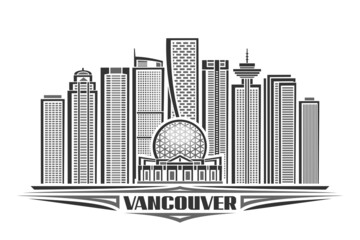 Obraz premium Vector illustration of Vancouver, monochrome horizontal poster with linear design vancouver city scape, urban line art concept with decorative lettering for black word vancouver on white background.