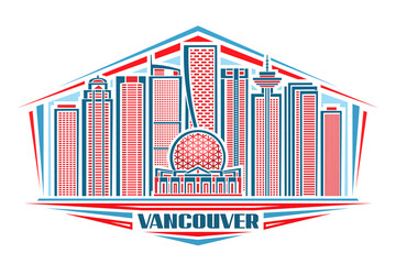 Vector illustration of Vancouver, horizontal poster with linear design vancouver city scape on day sky background, urban line art concept with decorative lettering for blue word vancouver on white. - obrazy, fototapety, plakaty