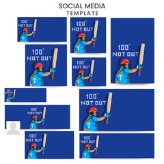 Social Media Posts And Banner Design Set With Afghanistan Cricket Batter Player On Blue Square Grid Background.
