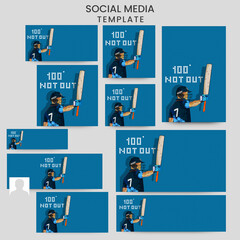 Social Media Template And Header Design Set With Numibia Cricket Batter Player On Blue Grid Background.