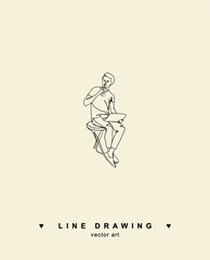 Man with laptop line drawing. Continuous line drawing of guy sitting with laptop. Coffee to go. A man sits in a cafe and drinks coffee. Young man. Vector line drawing.