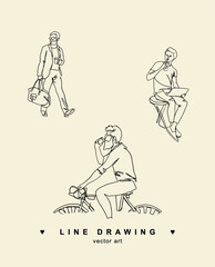 Men are businessmen. Line drawing of men. Illustration of people. Vector line drawing.
