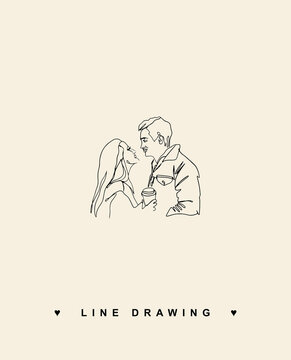A loving couple looks at each other. The man looks at the woman. A glass of coffee in hands. Vector line drawing of loving couple. Group of hand drawn talking young people. Vector line.