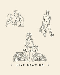 Fototapeta na wymiar Vector line drawing. Girl on a bike. Athletic woman. Couple in love. Businessman. A man goes to the gym with a gym bag.
