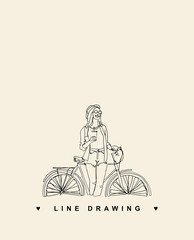 Girl on a bike. Athletic woman. Young girl drinking coffee logo. Woman on a bicycle. Vector line drawing.