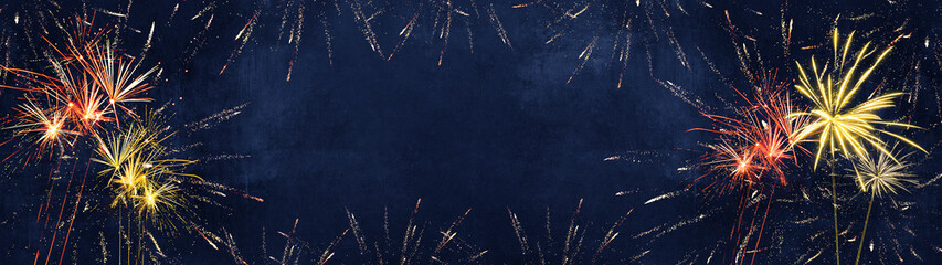 Silvester 2022 New year background banner panorama long- firework fireworks on rustic dark blue...