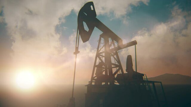 Silhouette of a working oil pump jack from an oil field against the background of sunset . Industrial energy producing equipment. 3D render