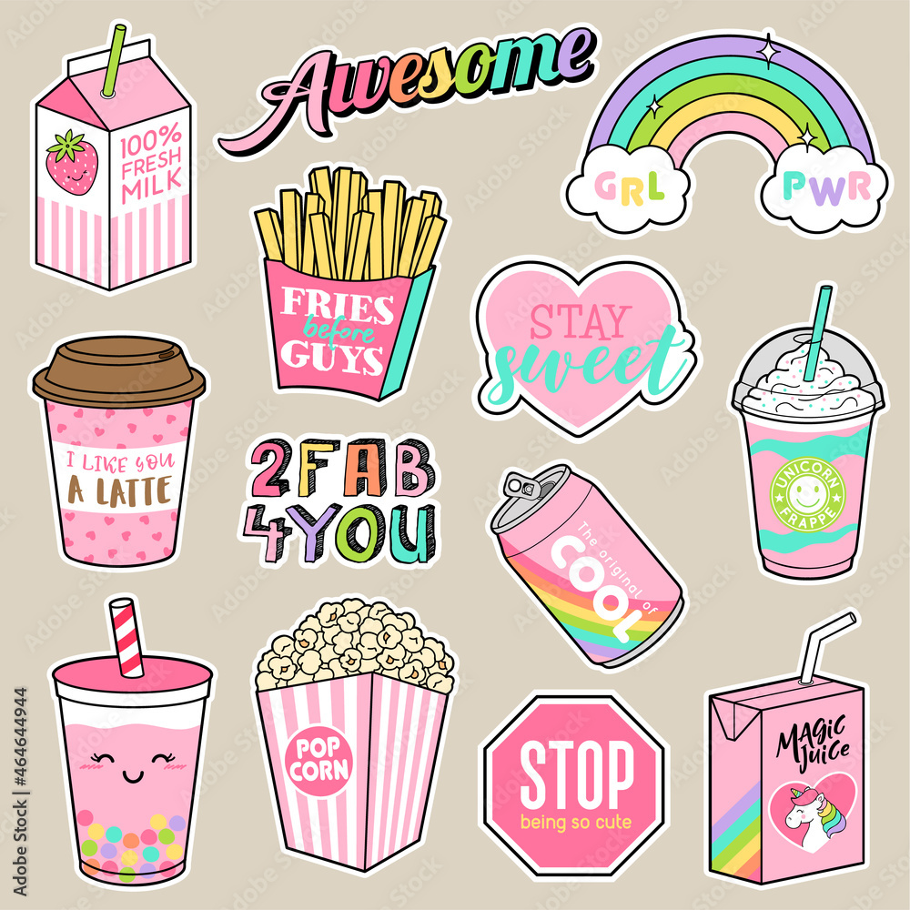 Wall mural Set of girl fashion patches, cute cartoon food badges, fun stickers design for teenager girls.