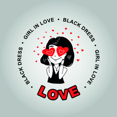 Mini black dress. Love logo. Girl in love. Vector doodle illustration. Girl with hearts in eyes.