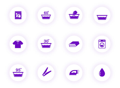 laundry purple color vector icons on light round buttons with purple shadow. laundry icon set for web, mobile apps, ui design and print