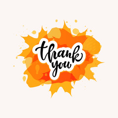 Thank you compliment card with handwritten text and autumn maple leaves. Hand lettering typography isolated on white background. Vector illustration.  Modern brush ink calligraphy