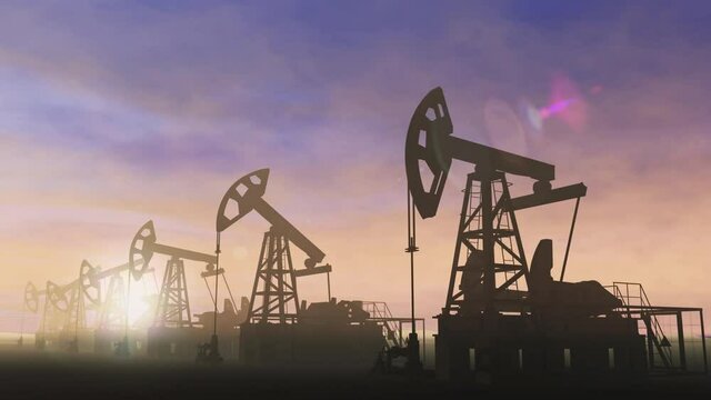 Silhouette of a working oil pumps jacks from an oil field against the background of sunset . Industrial energy producing equipment. Looped video. 3D render