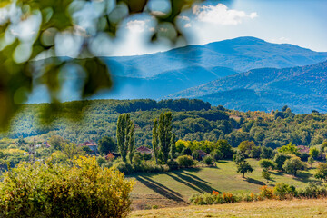 Colorful autumn mountain scenery with long afternoon shadows