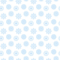 Christmas background with white snowflakes seamless pattern on dark blue backdrop. Xmas ornament, new year minimalist snow decoration for festive banner, holiday postcard, price tag, packaging design.