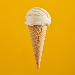 Ice cream scoops in waffle cone isolated on yellow background. Ice Cream Cone.