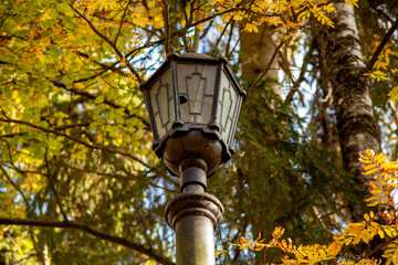 Fototapeta na wymiar a lamppost on a background of yellow leaves. street lighting. lanterns in the park.