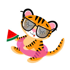 Vector cute little tiger cub in sunglasses, relaxing in swimming circle, holding watermelon. Symbol of 2022 New Year, isolated on white background. Summer concept