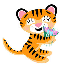 Vector cute little happy tiger cub, holding flowers. Symbol of 2022 New Year, isolated on white background