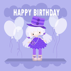 happy birthday card. A doll with balloons. Flat style. vector illustration.