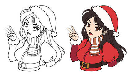 Cute anime asian girl wearing Christmas Santa costume