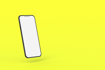 One smartphone with isolated white screen on yellow background. Copy space. 3d render
