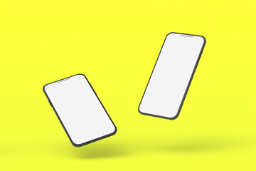 Two smartphones with isolated white screen on yellow background. 3d render