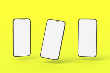 Three smartphones with isolated white screen on yellow background. 3d render