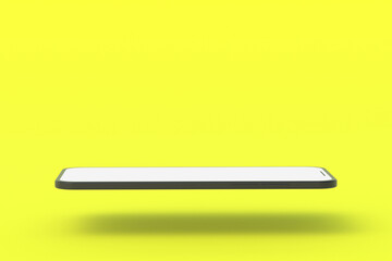One smartphone with isolated white screen on yellow background. Copy space. 3d render