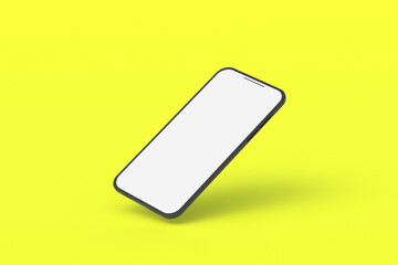 One smartphone with isolated white screen on yellow background. 3d render
