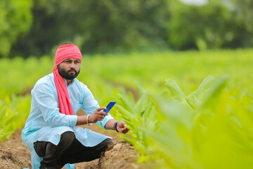 Indian farmer using smartphone at agriculture field