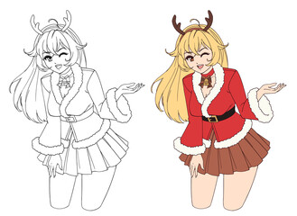 Anime manga girl dressed in Santa Claus costume