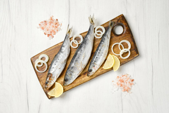 Top view of salted iwashi herring fish marinated in spice