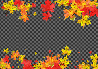 Obraz premium Ocher Foliage Background Transparent Vector. Plant Bright Texture. Yellow Pattern Floral. November Leaf Frame.