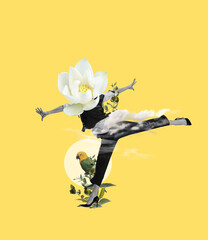 Contemporary art collage of woman with white flower head isolated over yellow background. Spring...