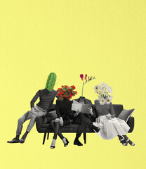 Contemporary art collage of group of people with flowers head sitting on couch isolated over yellow...
