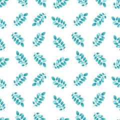 Beautiful background with romantic decor in the form of green sprigs of acacia on a white background. Illustration in pastel watercolor style, hand drawing. Valentine's Day.