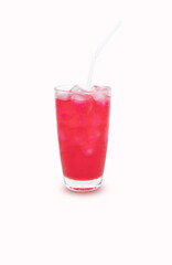 Red nectar. Summer sweet iced drink red in glass tall with straw drink and refresh. Red nectar quenches thirst, Water is mixture of red and sugar, Drink and refresh body. Isolated on white background.